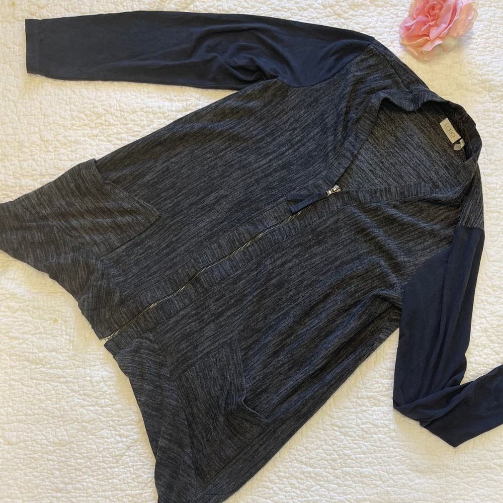 Logo by Lori Goldstein Gray Large Pocket, Faux Suede, Long Sleeve Zip Up- Sz S